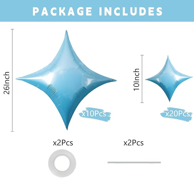 TONIFUL 30Pcs 26In&10In Star Balloons Large Blue Four Pointed Star Shape Foil Balloons Mini Star Mylar Balloons for Birthday Wedding Baby Shower Anniversary Engagement Party Decorations Supplies