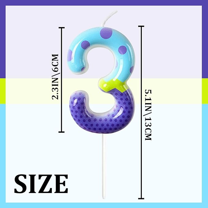 Number 3 Birthday Candle for Cake – Colorful Polka Dot & Patchwork Design – Fun Cake Topper Decoration for Birthday Celebration