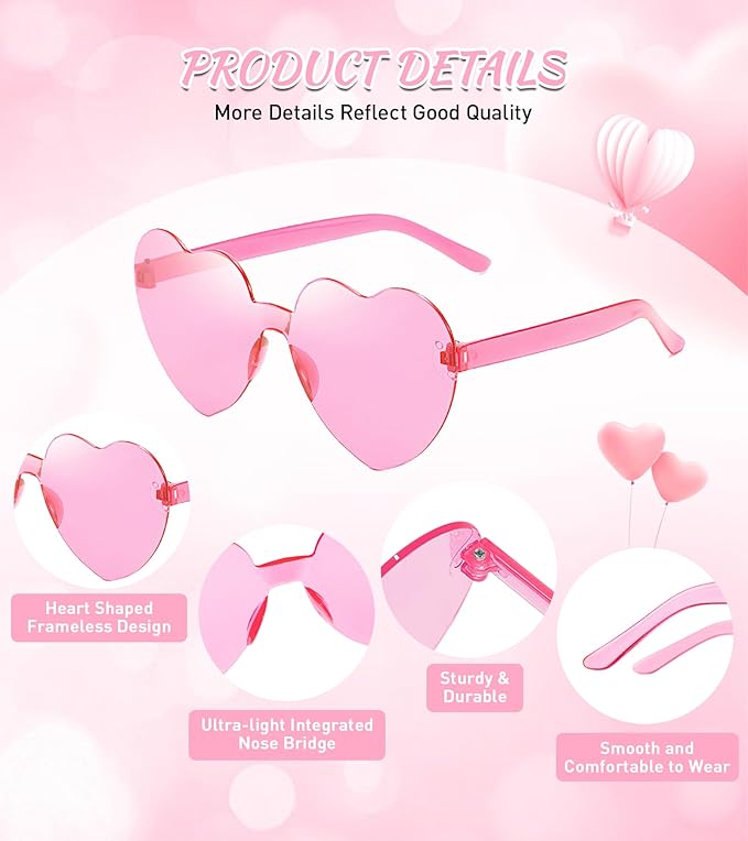 Matcheck 48 Pack Heart Rimless Sunglasses Frameless Colored Party Glasses Transparent Fun Eyewear for Adult