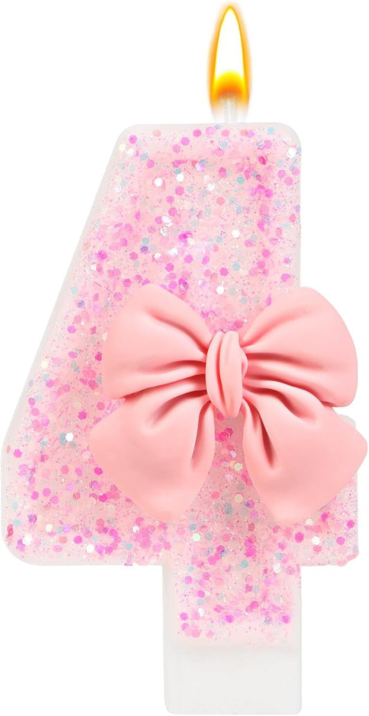Pink Bow Number 4 Birthday Candle, Glittering Candles Birthday Cake Topper, Princess Themed Party Decor for Girls and Women Anniversary Party Supplies