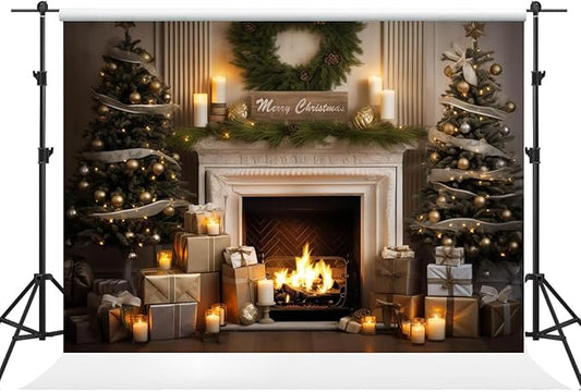 Kate 8×8ft Christmas Backdrop Xmas Indoor Fireplace Christmas Tree Christmas Wreath Decoration Background Photography Studio Props Party Pictures Video