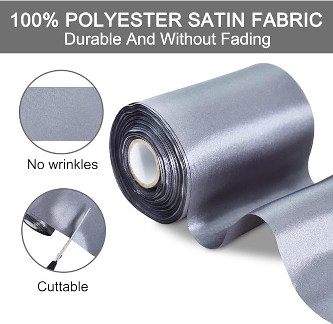 TONIFUL 4 Inch Wide Gray Deep Silver Solid Satin Ribbon 22yd Fabric Large Ribbon for Cutting Ceremony Grand Opening Chair Sashes Table Hair Car Bows Floral Craft Sewing Wedding Party Decoration