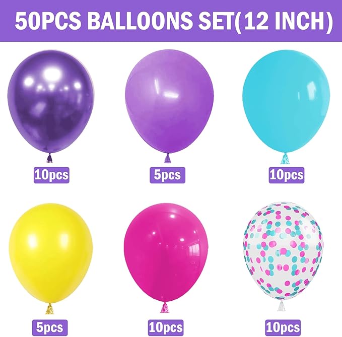 Pink Blue Purple Balloons - 50 Pcs 12 Inch Hot Pink Metallic Purple Teal Yellow Confetti Balloons for Magic Theme Birthday Baby Shower Engagement Party Decoration