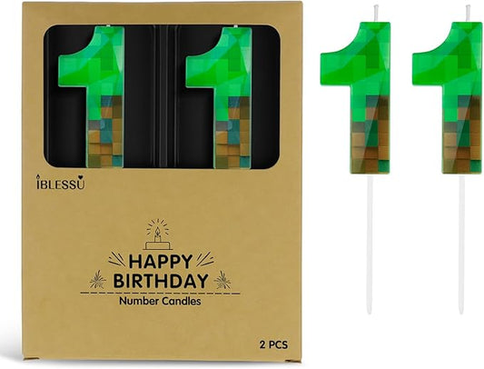 Pixel Birthday Candle, 2.68 Inch Miner Number Candles, Game Themed Candle Birthday Decoration for Pixel Theme Birthday Anniversary Dynamite Video Game Party (Green, 11)