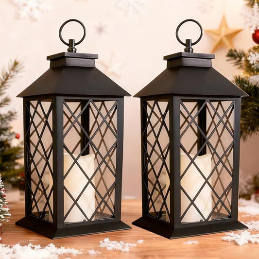 2-Pack 13.5" Vintage Candle Lantern with LED Pillar Light (Black, 6hr Timer) - IP44 Waterproof Battery Powered Decorative Light - Outdoor Hanging Lantern Decorative Indoor Candle Holder