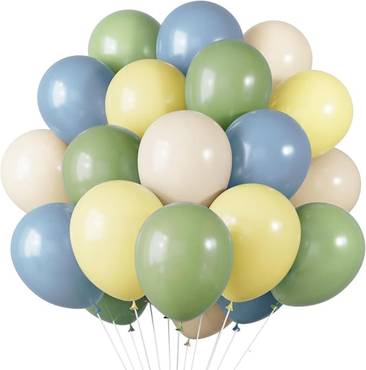 RUBFAC Sage Green Dusty Blue Yellow Balloons, Party Balloon Pastel Yellow for Theme Baby Shower Decorations Birthday Wedding Party Supplies, 65pcs 12 Inches