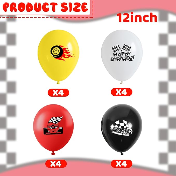 Race Car Birthday Party Decorations Racing Car Balloons 16 Pcs 12" Races Cars Checkered Flags Printed Latex Balloon for Racing Fans Birthday Party Transportation Fast Birthday Party Supplies