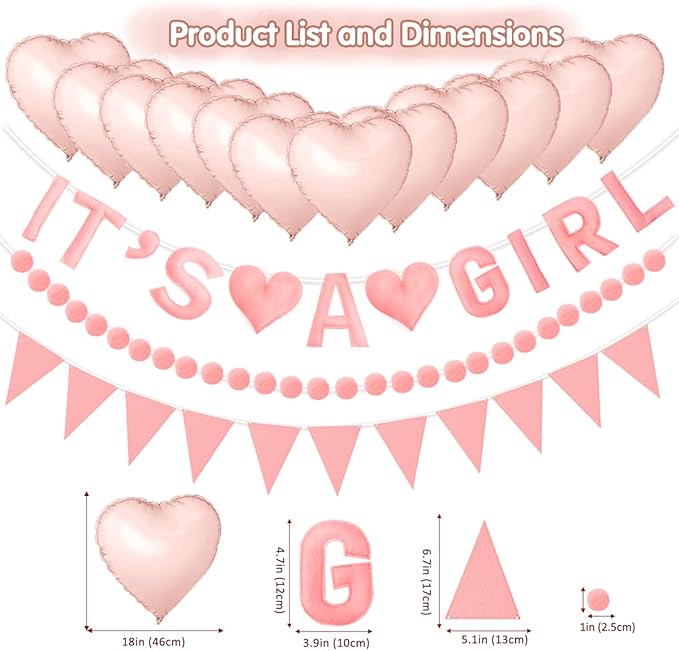 Gender Reveal Banner Set with Pre-Strung 3D it is a girl Felt Banner, Pom Pom Garland, Triangle Fabric Bunting, 12 PCS Pink Heart Shaped Balloons, Baby Shower Decorations for girls