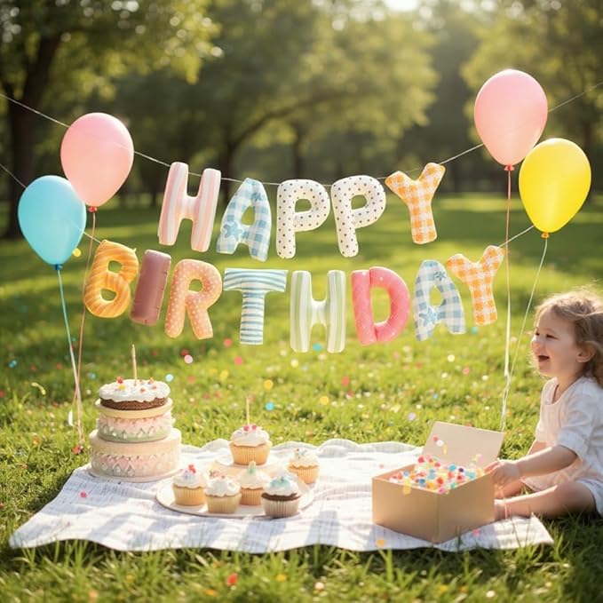Colorful Happy Birthday Banner Foil Letter Balloon, 14 Inch 3D Plaid, Polka Dots, Stripes Patterned Reusable Mylar Foil Letters, Birthday Decorations (Birthday Banner 1)