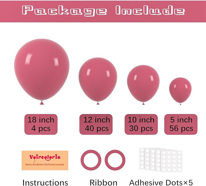 Voircoloria 130pcs Retro Hot Pink Balloons Different Sizes 18" 12" 10" 5" Blush Hot Pink Latex Balloon Garland Arch Kit for Birthday Baby Shower Valentine's Day Wedding Gender Reveal Party Decorations