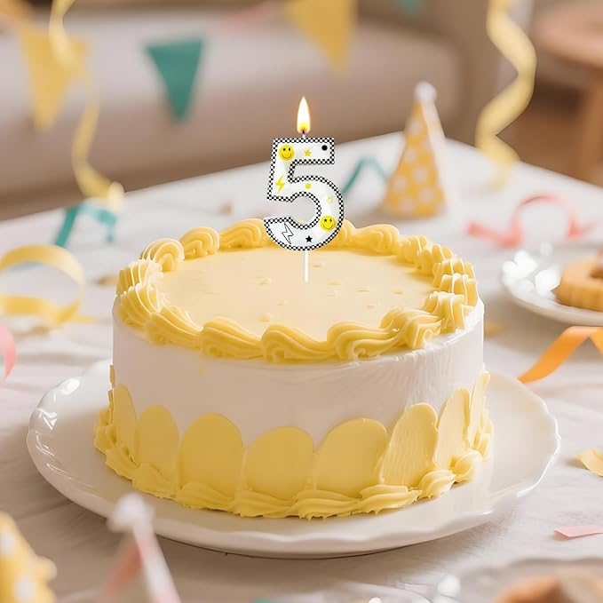 Number 5 Birthday Candle for Cake – 2.7 Inch Large Size Black White Checkered Smiley Design with Lightning & Star – five Happy Dude Theme Cake Topper Decoration