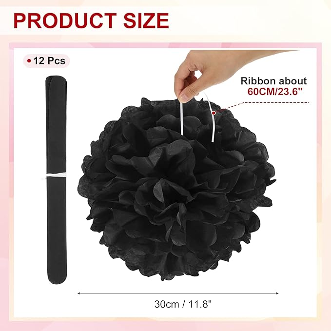 PATIKIL 12inch Tissue Paper Pom Poms, 12PCS Pom Poms Paper Flowers Ball Tissue Paper Flowers for Wedding Bridal Shower Birthday Bachelorette Party Backdrop Decoration, Black