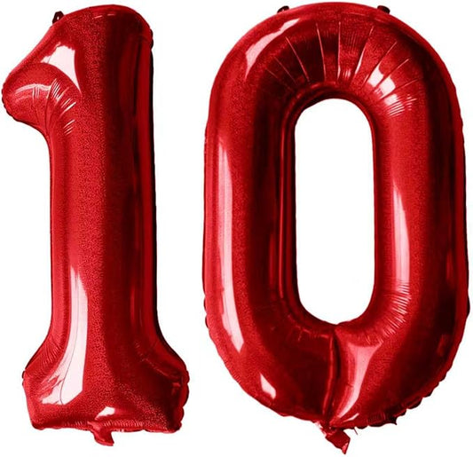Laser Red Number 10 Balloons 40 Inch Giant Number Red 10 Foil Mylar Balloons for 10th Birthday Anniversary Events Party Decorations
