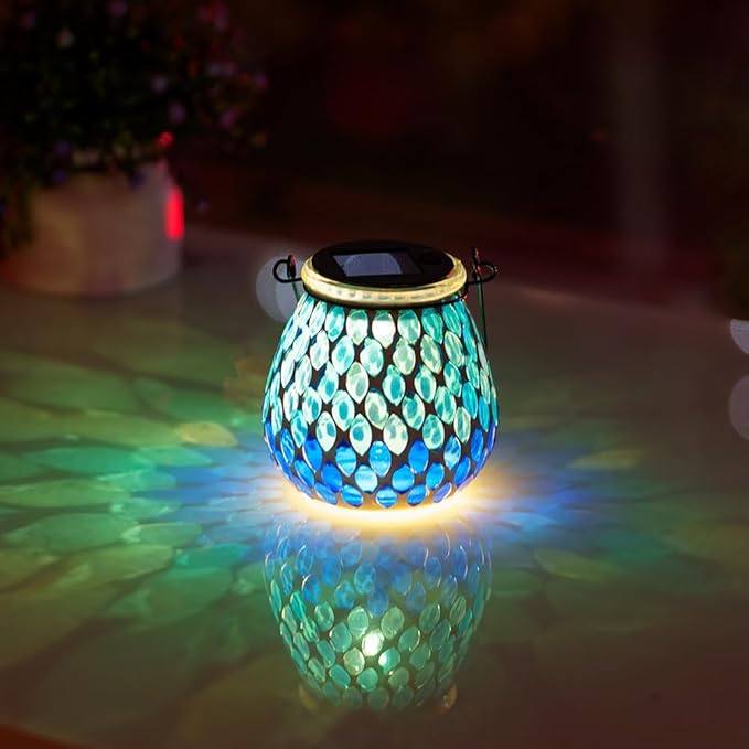 Starsoul 2 Pack Solar Lanterns Outdoor Waterproof, Elegant Blue Glass Mosaic Solar Lantern, Solar Hanging Lights Outside Patio Porch Yard Decor