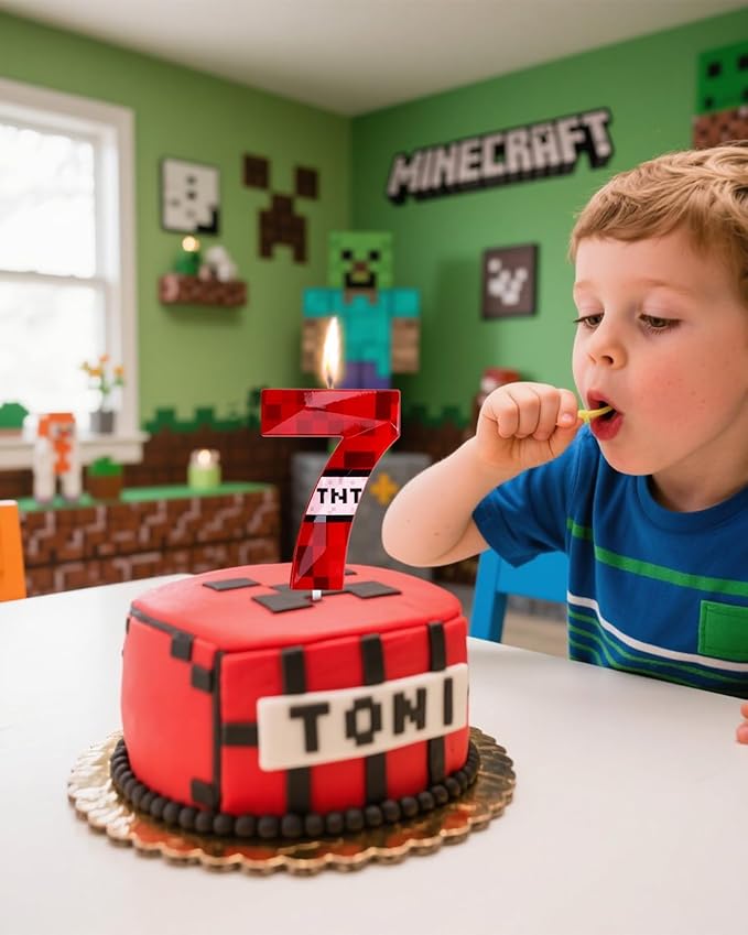 Number 7 Red Pixel Birthday Candle, TNT Themed Birthday Candles for Cake, 2.72 Inch Green Miner Number Candles, Game Themed Candle Birthday Decoration, Red Birthday Cake Topper for Boys Girls Party