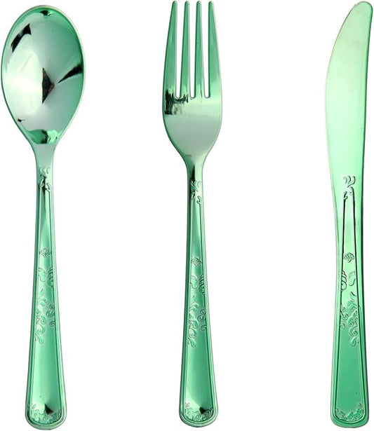 180 Pack Disposable Green Plastic Silverware Contain 60 Forks,60 Spoons,60 Knives, Solid and Durable Plastic Cutlery Utensils Set Perfect for Parties,weddings.