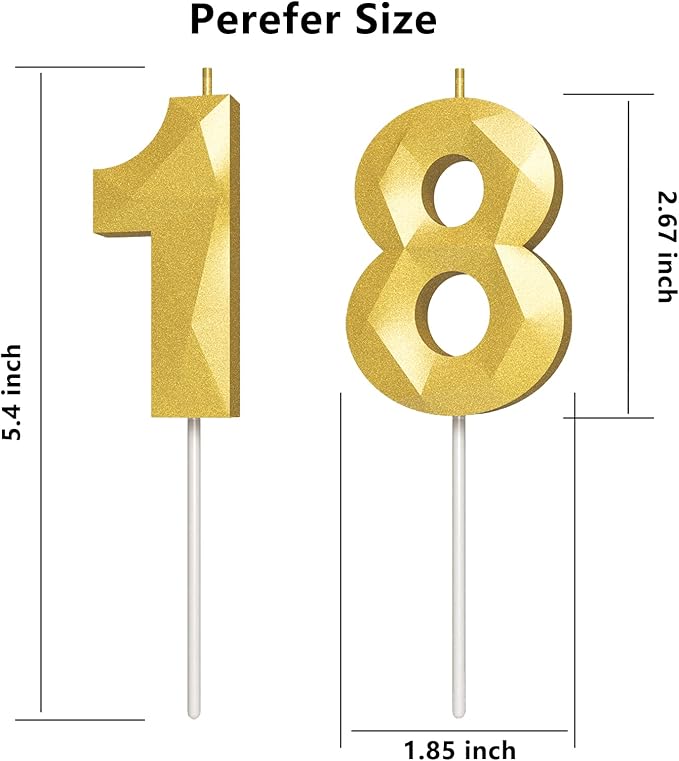 Number Birthday Candles(18 Candle Gold) 3D Diamond Shape Number Happy Birthday Cake Candles for Birthday Party Wedding Decoration Reunions Theme Party