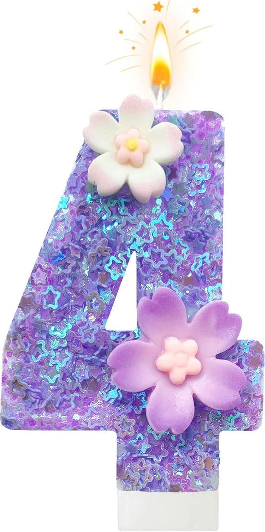 Purple Flower Birthday Candle,Number 4 Birthday Candles for Cake, Ideal Birthday Parties Cake Decor, Wedding Anniversary and Other Celebrations (Number 4, Purple)