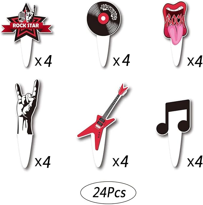 Rock and Roll Cupcake Topper Musical Themed Guitar Cake Topper, Guitar, Note, Rock Music Elements Rock Party Decorations for 80's Retro Themed Music Party Supplies(24Pcs)…