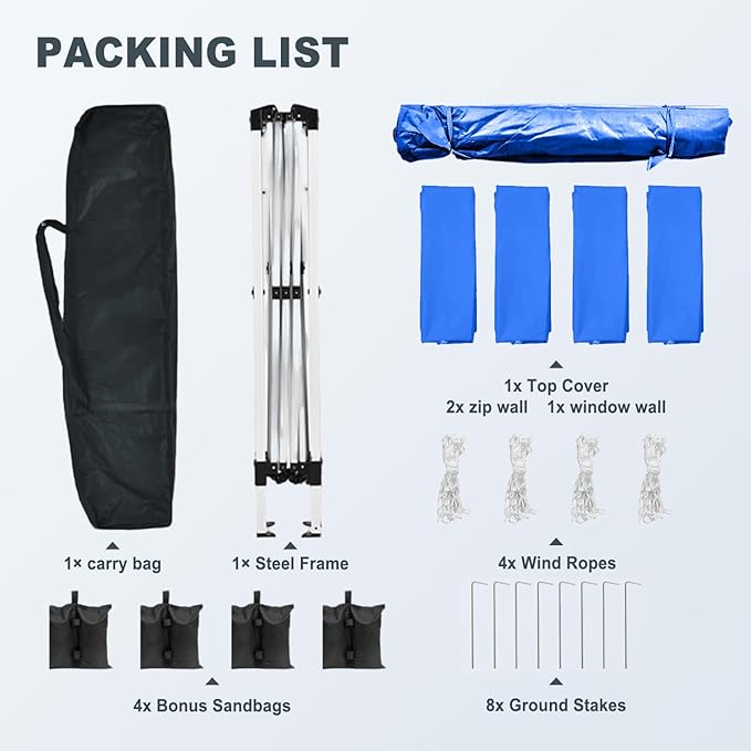 10x10 Pop Up Canopy Tents for Parties, Portable Outdoor Tent with Carry Bag & 4 Sandbags, for Wedding, Patio Events, Commercial, Birthday, Graduation (Blue, 10x10)