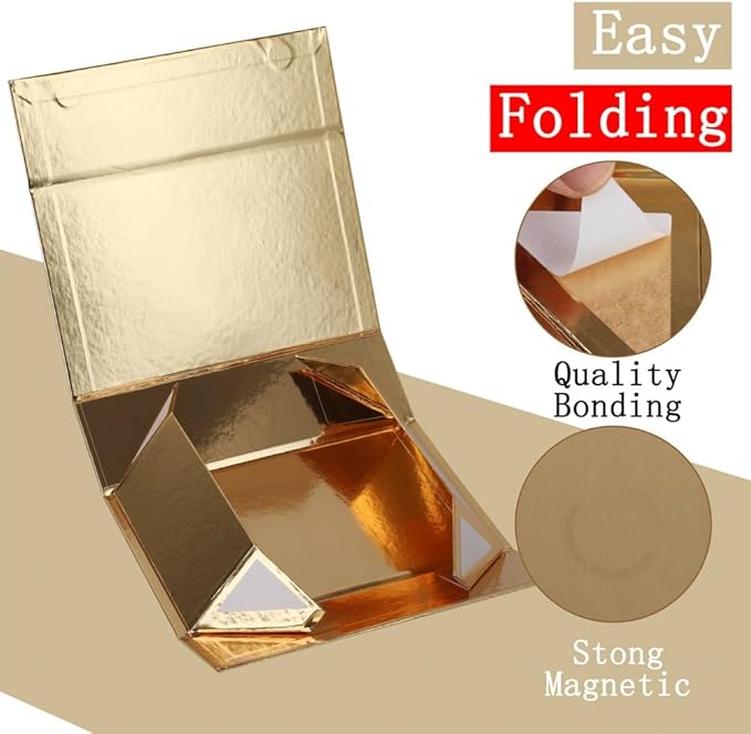 UoeRing 6 Pack Gold Gift Box 9.5x6x3 inch Small Luxury Gift Box for Presents with Magnetic Lid Collapsible,Bridesmaid Proposal,Contains Card, Ribbon, Tissue Paper,Shredded Paper Fille