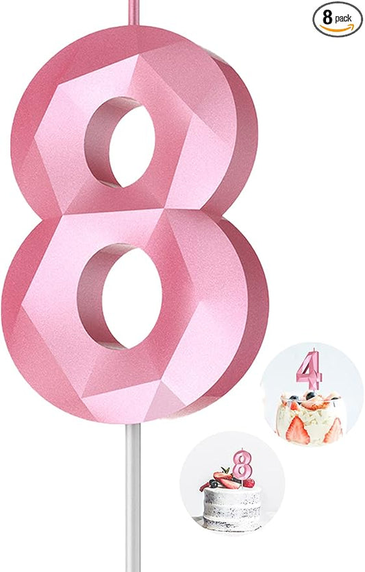 Number Birthday Candles(8 Candle Pink) 3D Diamond Shape 8th Happy Birthday Cake Topper Decorations for Girl Women Birthday Wedding Anniversary Celebration Theme Party Supplies