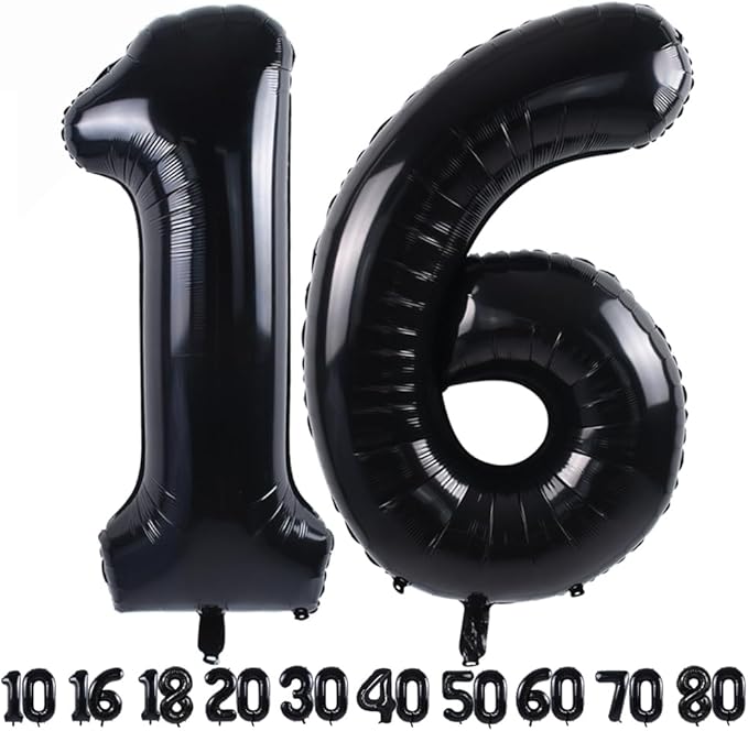 TONIFUL 40 Inch Large Black Number 16 Balloons Giant Digital 16 or 61 Helium Foil Mylar Big Number Balloons for 2026 Graduation New Year Eve 16th or 61st Birthday Party Anniversary