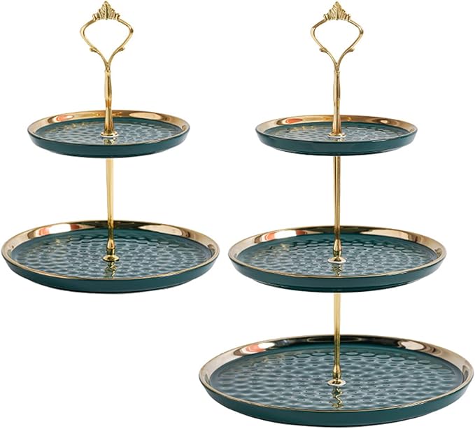 Tosnail Set of 2 Porcelain Cupcake Stand Ceramic Dessert Stand Tiered Serving Trays with Gold Rod, 3 Tiers and 2 Tiers Cake Stand Party Serving Trays Fruit Pastry Holders for Wedding and Party
