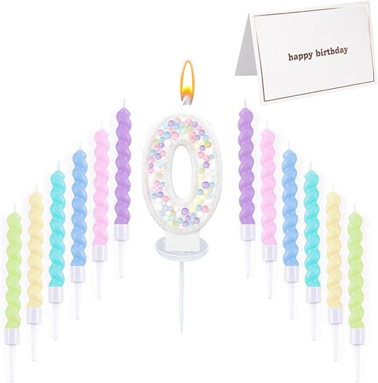 Number Birthday Candle with 12PCS Spiral Candles and A Birthday Card - Perfect for Celebrating Birthdays (Macaron Glitter, Number 0)