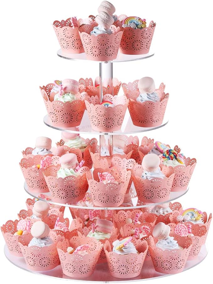 Boxalls Cupcake Stand, 4 Tier Round Acrylic Cupcake Display Stand Holder, Clear Dessert Pastry Tower for Wedding, Birthday, Theme Party, Baby Shower