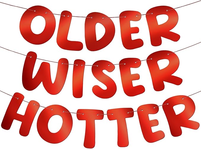 Fulmoon Set of 3 Pre Strung Older Wiser Hotter Glitter Banner Funny Birthday Banner for Women 30th 40th 50th 60th 70th 80th Birthday Party Decorations Sign Gift(Bright Red)