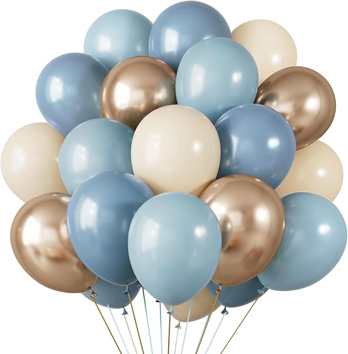 RUBFAC Dusty Blue and Gold Balloons, 65pcs 12 Inches Champagne Gold Metallic Fog Baby Blue Balloon for Baby Boy Shower Bridal Birthday Wedding Party Decorations