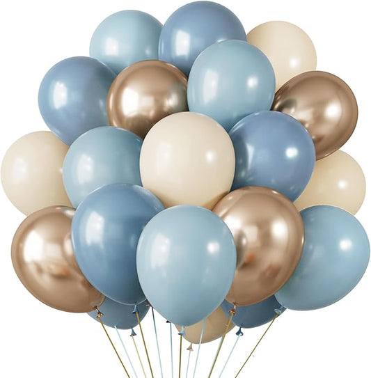 RUBFAC Dusty Blue and Gold Balloons, 65pcs 12 Inches Champagne Gold Metallic Fog Baby Blue Balloon for Baby Boy Shower Bridal Birthday Wedding Party Decorations