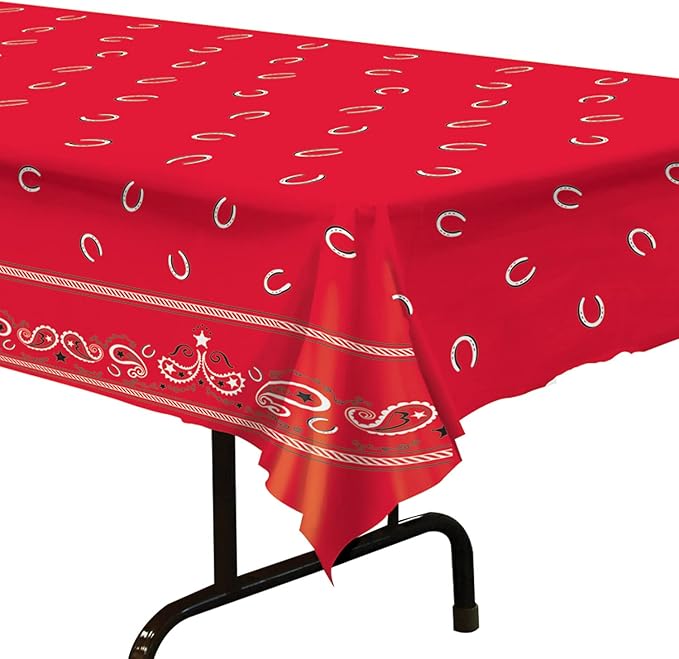 Beistle Red Bandana Tablecover, 54” x 108” – Plastic Table Cloth, Farm Theme Tablecloth, Cowboy Theme Party Decorations, Western Decorations, Bandana Tablecloth, Rectangular Tablecloth (Pack of 3)