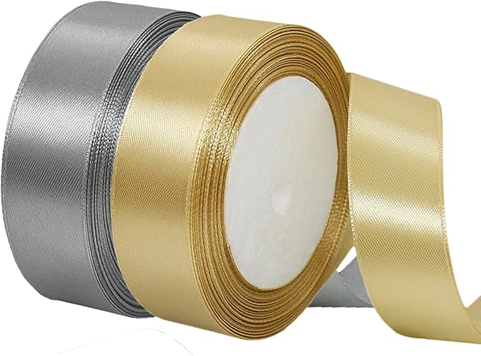 2 Rolls Silver Gold Ribbon, 1 Inch x 50 Yards Satin Gold Fabric Ribbon for Flower Bouquets, Gift Wrapping, DIY Crafts, Birthday Cakes, Holiday, Wedding Party and Mother’s Day Decorations
