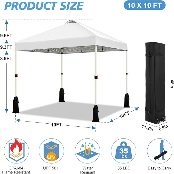 WEIZE 10x10 Pop Up Canopy Tent, 1-Button Push Setup Canopy Tent, Adjustable Height Instant Portable Shelter, Portable Roller Bag, Easy Outdoor Sun Shade for Events, 4 Weight Bags, White