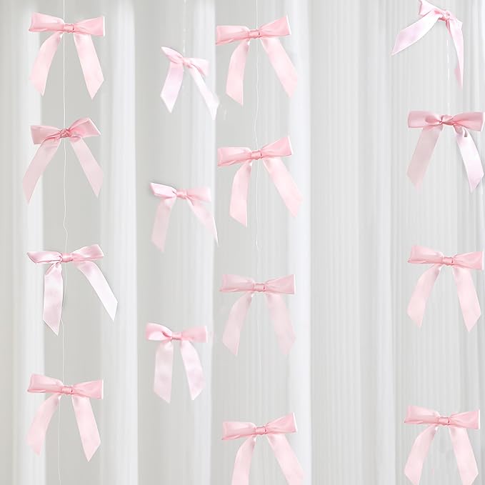 Taobary 8 Pcs 6.6 ft Bow Garland, Satin Ribbon Bow Banner Coquette Hanging Ornament for Photo Backdrop Birthday Party Wedding Bridal Baby Shower Wall Decorations(Pink,1 Inch)