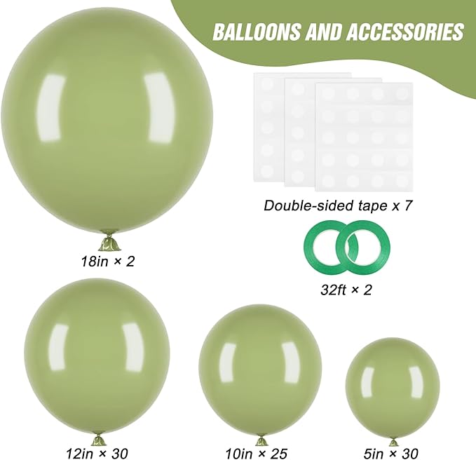 RUBFAC Sage Green Balloons 87pcs Different Sizes 18 12 10 5 Inches, Olive Green Latex Balloons Arch Kit Garland for Birthday Wedding Graduation Baby Shower Party Decoration