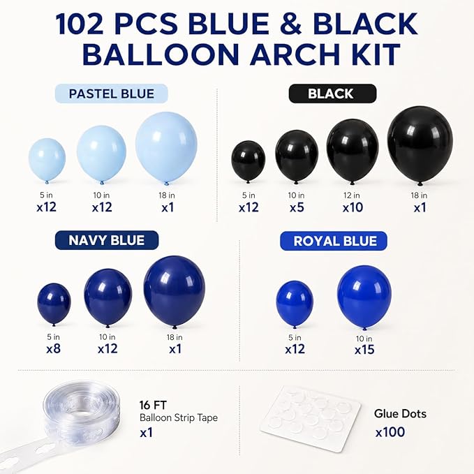 Jobkoo Blue and Black Balloon Arch Kit, 102 Pcs Black Navy Royal Light Blue Balloons Garland Kit for Graduation Fathers Day Boys Baby Shower Gaming Birthday Party Decorations