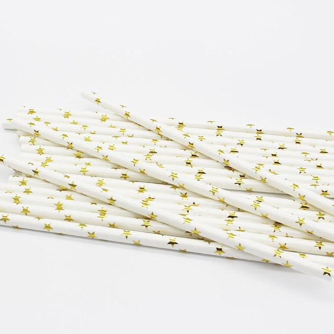 Metallic Gold Stars Drinking Paper Straws for Valentine's Day Wedding Party Biodegradable Straw Box of 100