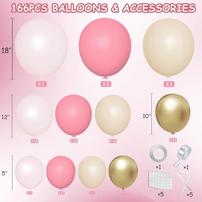 Mebay Dusty Blush Pink Nude Gold Balloon Arch Kit, 166Pcs Retro Pink Nude Metallic Gold and Macaron Light Pink Balloons for Bridal Baby Shower Girls Boho Birthday Wedding Decorations Supplies