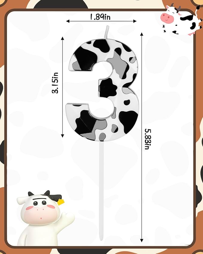 Number 3 Black Cow Birthday Candles，2.68 inch Metallic 3D Cow Birthday Candles, Cow Themed Cake Topper Decorations for Birthday Party Anniversary Celebration Supplies