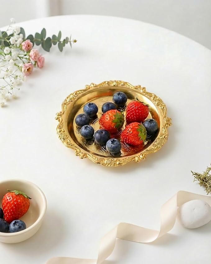 Gold Decorative Tray Set of 2, 8'' Round Vintage Metal Vanity Tray for Perfume, Small Ornate Jewelry Dish, Bathroom Counter Organizer, Coffee Table Decor