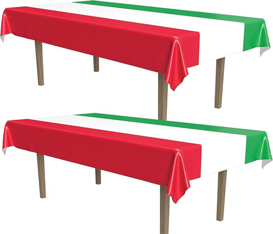 Beistle International Tablecovers, 54” x 108”, 2 Pieces – Plastic Table Cloth, Rectangular Tablecloth, Italian Decorations, Mexican Tablecloth, Cinco De Mayo Decorations,Red/White/Green