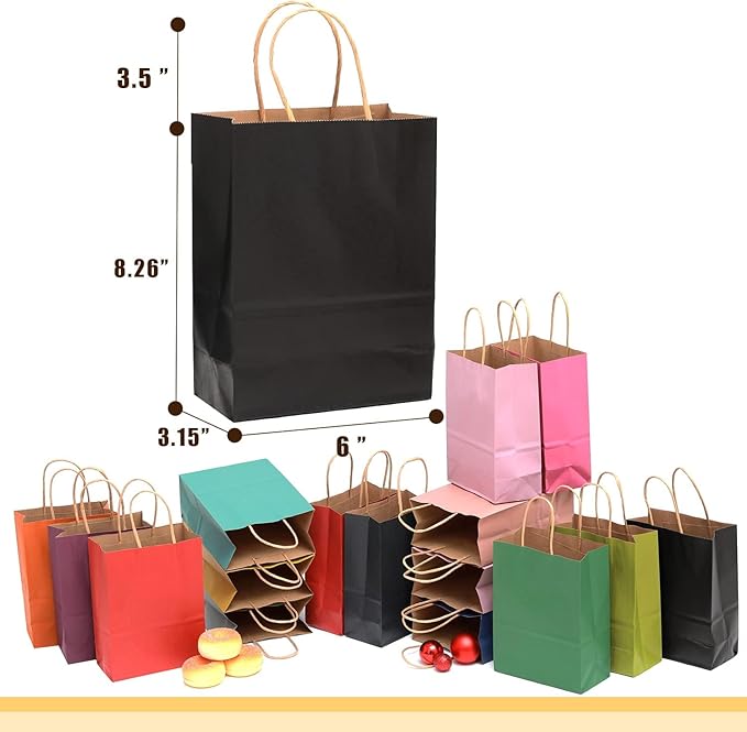 qiqee 60-Packs Paper Bags with Handles Bulk 8.26"×6"×3.15" Small Gift Bags 16 Different Senior Color Bags Multiple Uses（Small Size）