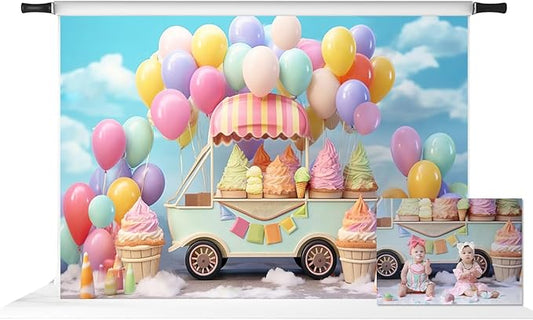 Kate 7x5ft Summer Ice Cream Car Backdrop for Photography Colorful Balloons Cake Smash Blue Sky Birthday Party Background for Kids Photo Props