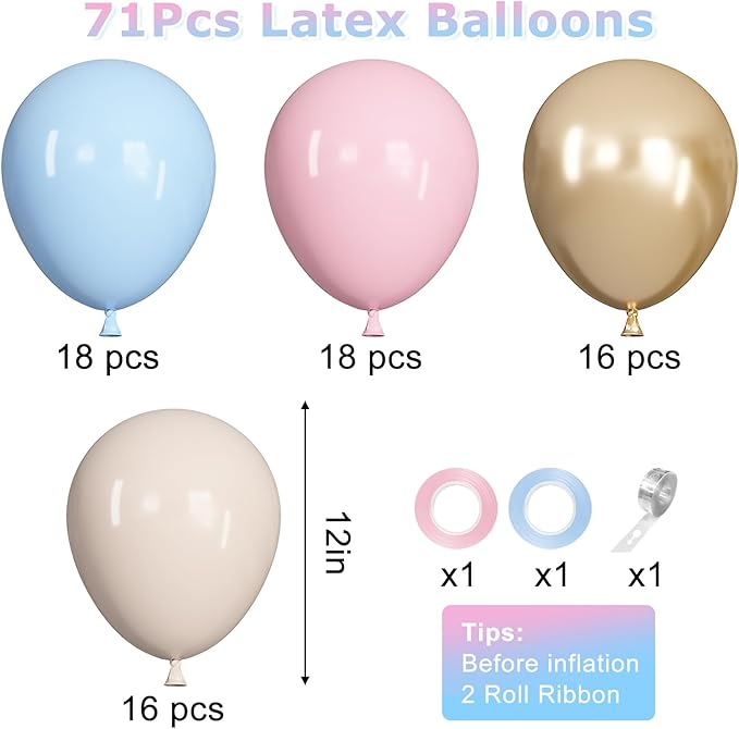 Ouddy Life 71pcs Gender Reveal Balloons Set, 12 inch Pastel Pink Blue Sand White Metallic Champagne Gold Latex Balloons for Boys Girls Baby Shower Gender Reveal Birthday Wedding Party Decorations