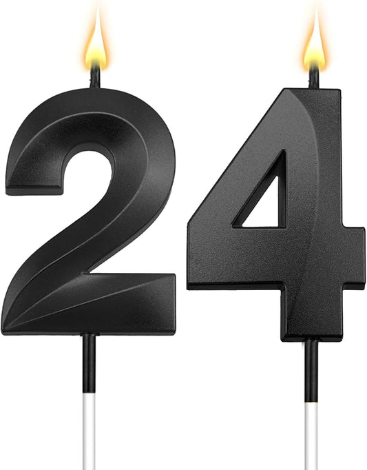 24th Birthday Candles 24 Candles for 24th Birthday Decorations for Boys Happy 24 Birthday Cake Topper Black Birthday Candles Black Number Candles (24)