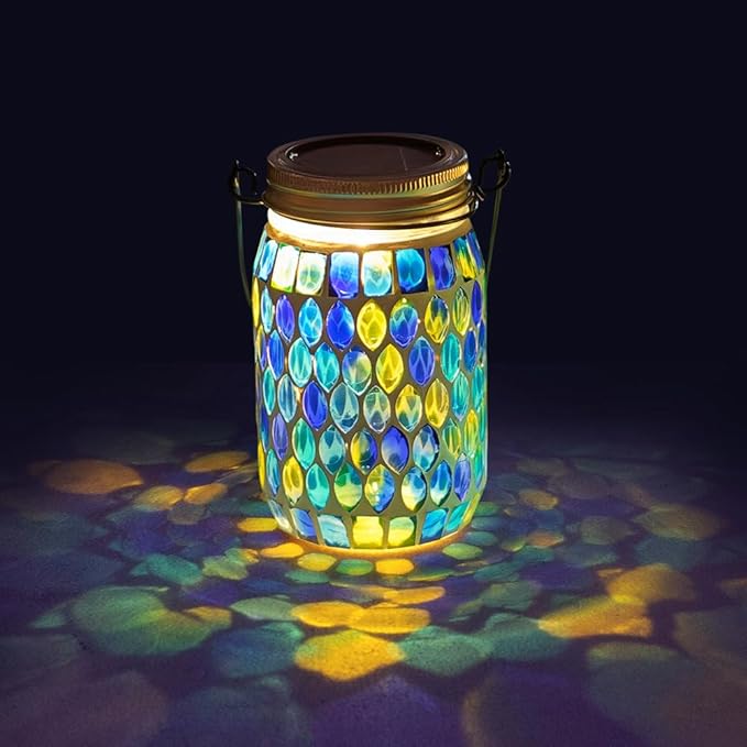 Starsoul Solar Lanterns Outdoor Waterproof, Decorative Teal Mosaic Glass Outdoor Lantern, Hanging Solar Garden Lights for Outside Pathway Patio Porch Yard Table, Gifts for Women Mom Grandma