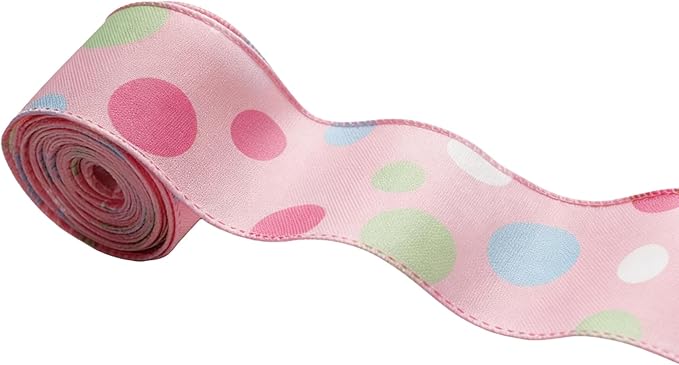 Meseey 2.5 Inch x 10 Yards Pastel Polka Dot Wired Ribbon, Colorful Dot Wired Edge Ribbon for Easter Wreaths, Gift Wrapping, Easter Baskets, Crafts, Spring Party Decorations